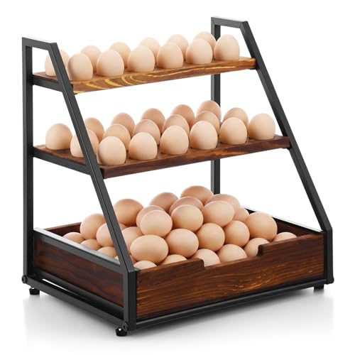 Reallnaive 3-Tier Wooden Egg Holder Countertop with Basket, Fits 36+90 Eggs, Wood Egg Collecting Rack with Carry Handle for Home Kitchen Chicken Duck Quail Eggs Storage Organizer