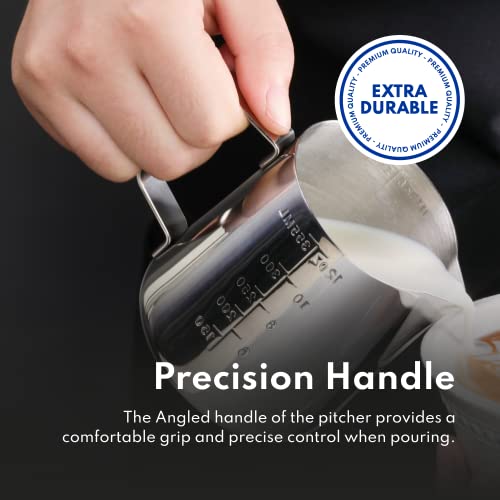 New Star Foodservice 28805 Stainless Steel Frothing Pitcher, 12 oz Espresso Milk Steaming Cup with Measurement Scale, Commercial Grade 18/8 Barista Pitcher for Lattes, Cappuccinos, Coffee, Silver - size: 12 Ounces
