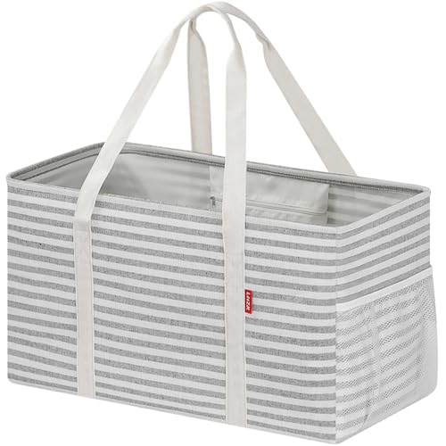 LHZK Standing Extra Large Utility Tote Bag with Metal Wire Frame and the Sides Rinforced, Extra Large Tote Bag with Handle, Reusable Grocery Bags Foldable, Beach Bag, Car Tote (Gray) | 22.5×10.5×12 inch - color: Gray, size: 22.5''x10.5''x12''-1 Pack