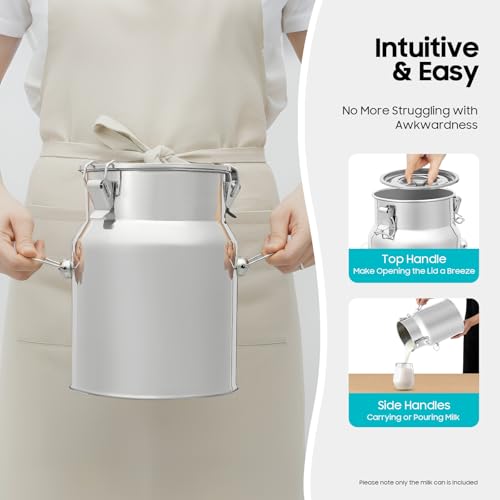 5L/1.3gal Milk Can 201 Stainless Steel, Sealed Lid Food Storage Container for Liquid & Dry Goods, Wine Pail Bucket Metal Tote Jug for Kitchen, Farm
