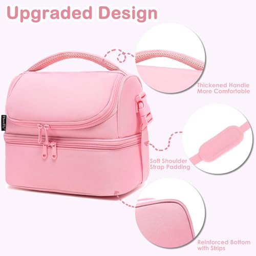 FlowFly Double Decker Cooler Insulated Lunch Bag Large Tote for Boys, Girls, Men, Women, With Adjustable Strap,Pink - color: Pink#All