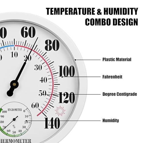 10 Inch Indoor Outdoor Thermometer Hygrometer Combo | Large Dial Analog Temperature Humidity Gauge, Wall Mount Weather Thermometer for Home Patio Greenhouse Garage Room