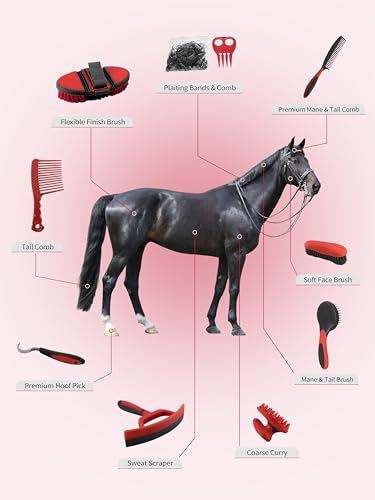Harrison Howard Horse Grooming Kit 9 Piece with Tote Bag, Non-Slip Horse Brush Set for Shedding, Bathing, Hoof Care, Mane & Tail Grooming, Equine Grooming Supplies Red - color: Red