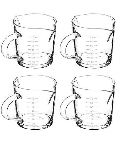 QWORK Espresso Shot Glass with Handle, 4 Pack 3-Ounce Double Spout Glass Measuring Cup Triple Pitcher Milk Cup with Two Scales (OZ&ML)
