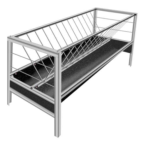 Pasture Feeder 90 Gallon Goat Hay Feeder, Rubber Tray with Stainless Steel Frame Hay Rack with 25'' Wide Tray for Goats, Sheep, Horses, Lamb, Ease of Assembly, Rust-Proof, Silver - style: Rubber Tray with Stainless Frame