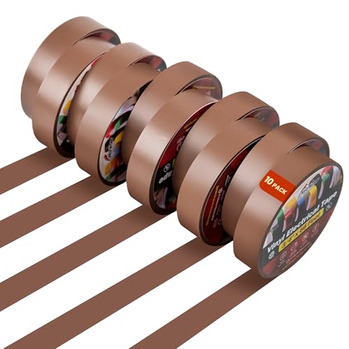 RED WOLF 10 Pack Brown Electrical Tape 3/4 Inch x 66 Ft Industrial Grade UL/CSA Listed 7 Mil Thick Flame Retardant High Temp Waterproof Electrical PVC Tape Electric Super Vinyl Rated 600V - color: Brown