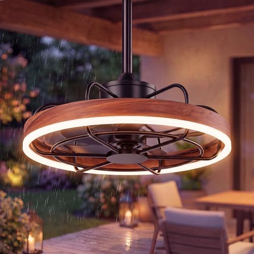 Farmhouse Gazebo Fan with Light, 20" Plug-in Gazebo Ceiliing Fan with App/Remote Control, Outdoor Ceiling Fan with Light IP65 Waterproof, 3 CCT Light, for Gazebo - Wood Grain - color: Wood Grain