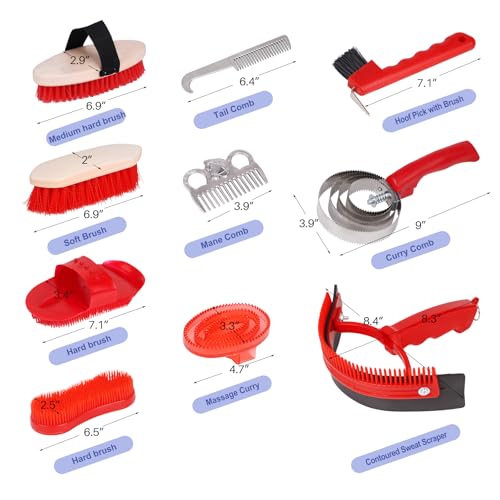 Horse Grooming Kit, 10pcs Horse Brushes & Cleaning Tool Set | Includes Tote Bag, Sweat Scraper, Curry Comb, Brush, Hoof Pick, Livestock Bathing Supplies Equine Care Supplies