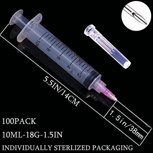 100 Pack 10ml/cc Plastic Luer Lock Syringa with 18Ga and Cap, Individually Sealed Wrapped, for Scientific Labs, Measuring Liquid, Refilling Cartridges or Glue Applicator - style: 100 Pack-10ml 18gauge