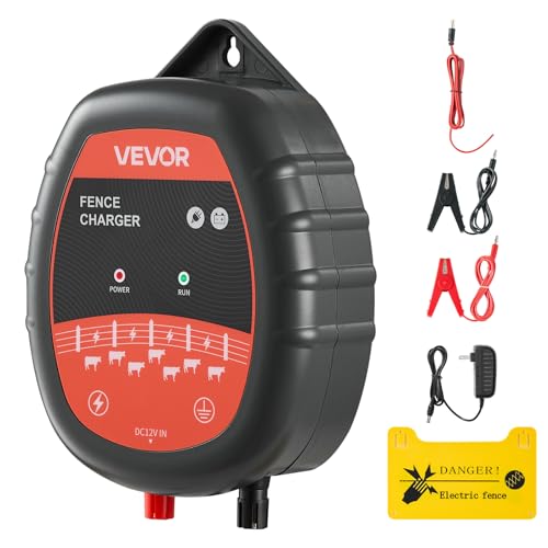 VEVOR Electric Fence Charger, 10kV 1J, AC DC Electric Fence Energizer with LED Indicator, 1.86 Miles Range, Powerful Plug-in Fences Charger, Prevents Wild Animals Intrusion for Livestock Poultry - style: 1J