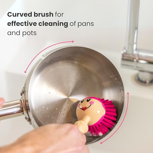 Vigar Dolls April Dish Brush with Ergonomic Handle - White, Pink | Dish Scrubber, Kitchen Scrub Brush, Dishwashing Brush Tool for Kitchen Sink Cleaning, Cute Standing Design - color: White, Pink