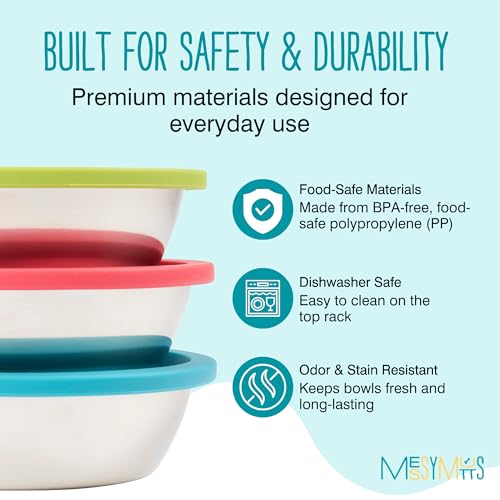 Messy Mutts 6 Piece Set, 3 Stainless Bowls and 3 Silicone Lids, Medium | Set Of Three Stainless Dog Bowls And Three Airtight Silicone Lids For Meal Prep, Storage, And Travel - size: Medium, 1.5 Cups per Bowl