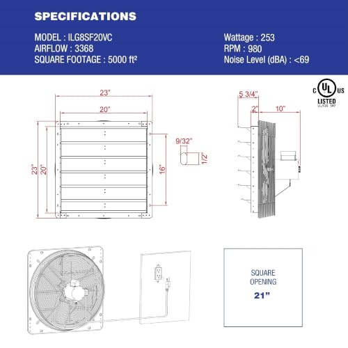 iLIVING 20" Shutter Exhaust Fan with Wireless Smart Remote Controlled Thermostat and Humidity, Variable Speed Wall Mounted Attic Vent Fan, Chicken Coop Ventilation, 3368 CFM, 5000 SQF Coverage Area - size: 20 inches