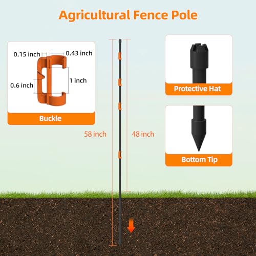 25Pack 58Inch Electric Fence Posts w/ 100 Adjustable Insulator for Yard | 4.8ft Electric Garden Fences Stakes for Deer,Sheep,Livestock,Farm,Backyard and Vegetable - color: 25Pcs 57.5inch Electric Fence Posts
