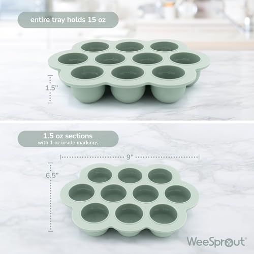 WeeSprout Silicone Baby Food Freezer Tray with Clip-on Lid - Perfect Storage Container for Homemade Baby Food, Vegetable & Fruit Purees, and Breast Milk - color: Matte Green, size: Ten 1.5 Ounce Sections