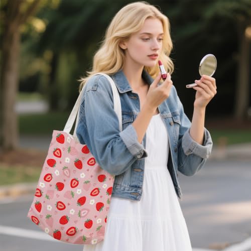 Aesthetic Canvas Tote Bag for Women - with Magnetic Snap Closure & Zipper Inner Pocket Reusable Totes Bag - color: Strawberry1