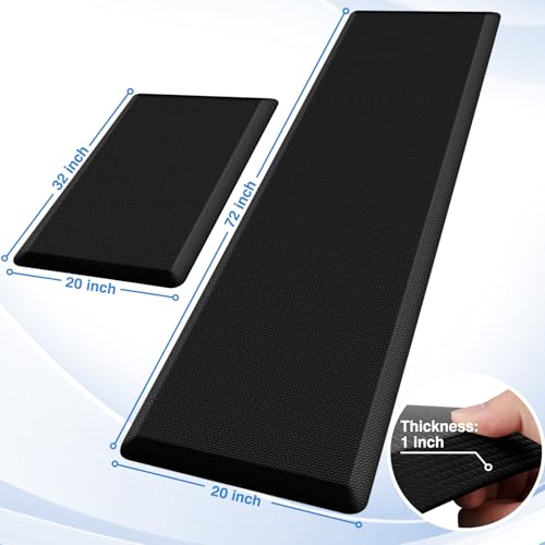 StepRite 1-Inch Kitchen Mats for Floor, 2-Piece Anti-Fatigue Rugs, Black | 20" x 32" + 20" x 72", extra-thick cushioning, water-resistant, easy to clean, non-slip, for kitchens and standing desks - color: Black, size: 20" x 32"+20" x 72"- 1 inch