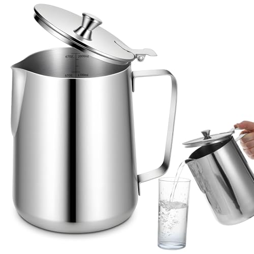 Stainless Steel Pitcher with Lid, 70 oz Metal Measuring Cup with Marking with Handle, 2 L Large Mouth Graduated Beakers, Milk Frothing Jug for Latte Art, Iced Tea, Espresso Machines, Water