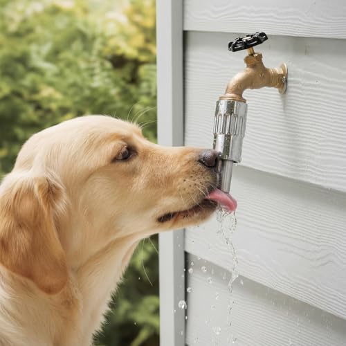 Qinyoung 1 Pack Dog Waterer Faucet, 3/4" Hose Spigot Attachment Outdoor | Lick-activated Fountain Design, Anti-leak Tape Included, For Dogs Livestock Pets, Metal Construction, Outdoor Yard Use