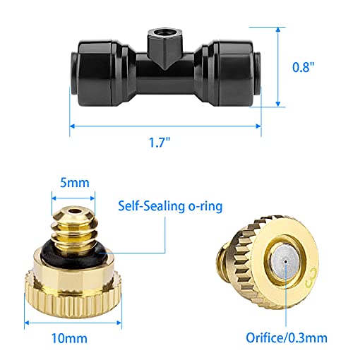 Brass Mister Nozzles 20 Pack with Misting Nozzle Tees & End Plugs | 20 Pack Misting Nozzle Tees, 2 Pack End Plugs, Outdoor Cooling System, Patio Misting System - size: 20 Brass Nozzles+20 Nozzle Tees+2 End Plugs