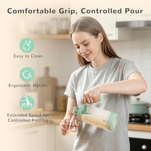 COMI Glass Formula Mixing Pitcher with Easy-Blend Handle Lid, 32oz Leakproof Breast Milk Pitcher with Silicone Protective Sleeve, Designed for the Pitcher Method Breastmilk, BPA Free, Green