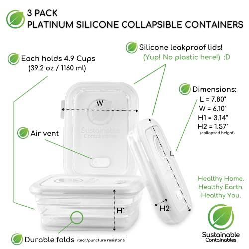 Premium Silicone Collapsible Food Storage Containers with Silicone Leakproof Lids, Platinum Food-Grade, BPA Free, LFGB Certified, Compact, Reusable Lunch Box, Microwave Safe, 4.9 Cups 3 Pk - color: 1160 ml (4.9 cups) - 3 Pack