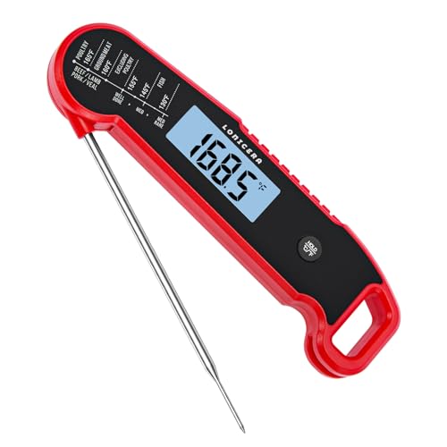 Lonicera Instant-Read Meat Thermometer, 1-Second, IP67 Waterproof, Red | Thermocouple sensor delivers readings in 1 second with ±0.9°F accuracy, plus IP67 waterproofing, auto-rotate and wake - color: RED