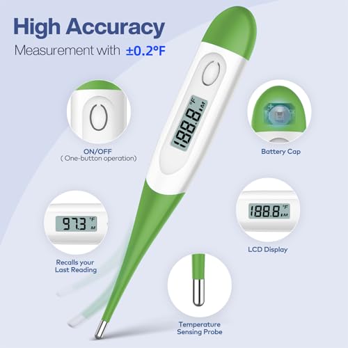 Boncare 10 Seconds Oral Thermometer for Adults and Kids, Green | Accurate & Safe, Rectal Digital Thermometer for Baby, Fever Alarm - color: Green