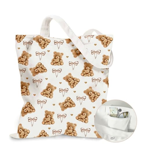 Aesthetic Canvas Tote Bag for Women - with Magnetic Snap Closure & Zipper Inner Pocket Reusable Totes Bag - color: Bear2