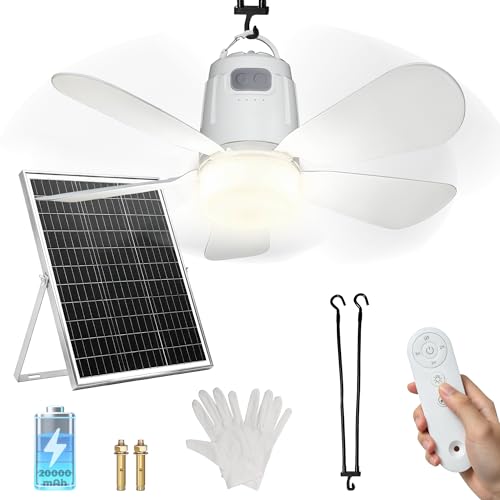 Solar Ceiling Fan 20'', 20000mAh Battery Portable Ceiling Fan with 30W Solar Powered, Remote & Hanging Hook, 3000k-6000k Dimmable Solar Fans for Outside, Tent, Gazebo, Canopy, RV, Chicken Coop