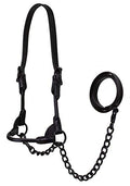 Derby Originals Black Midnight All Black Premium Round Rolled Leather Cattle Show Halter with Matching Chain Lead - size: Medium (650-1050lbs)