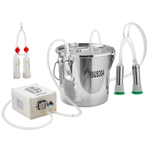 VEVOR Goat Milking Machine, 3.2 Gal / 12 L Food-Grade Stainless Steel Bucket, 4 Teat Cups for Cows and Goats, with 8000 mAh Rechargeable Battery, Electric Pulsation Milking Machine Portable Milker - size: 12L+Portable