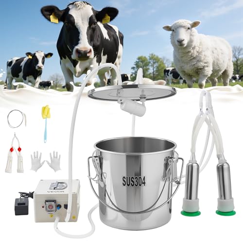 VEVOR Goat Milking Machine, 3.2 Gal / 12 L Food-Grade Stainless Steel Bucket, 4 Teat Cups for Cows and Goats, with 8000 mAh Rechargeable Battery, Electric Pulsation Milking Machine Portable Milker - size: 12L+Portable