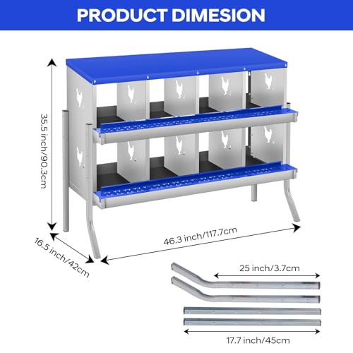 8 Compartment Chicken Nesting Boxes, Metal Roll Away Egg Laying Boxes with Removable Tray & Lid Cover, Chicken Coop Nest Box for Hens, Egg Protection Design (with Legs) Blue - color: Blue, size: 8 hole - with leg