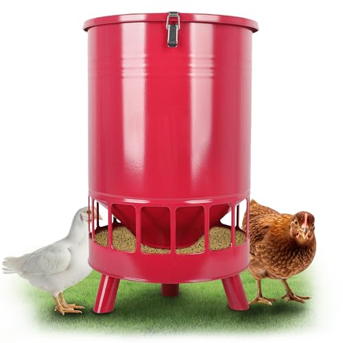 Solution4Patio 50LB No-Waste Chicken Feeder, Large Capacity Gravity Dispenser with Spill Control & 16 Feeding Ports Poultry Feeder for Outdoors & Hen Coop (Red) - color: Red