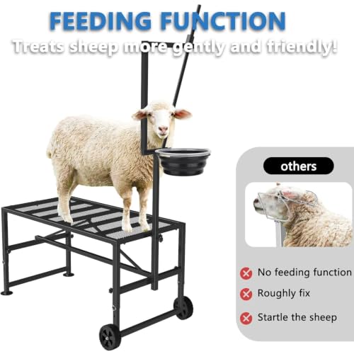 Upgraded Goat Stand with Wheels & Feed Bin, Adjustable Headpiece | Goat Milking Stand for Sheep Trimming and Milking, Hoof Trimming Stand Adjustable Size, with Feeder, Iron Black - color: Black, size: L - 47 inch (with Wheel)