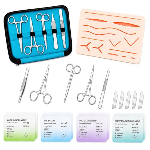 Suture Practice Kit for Medical & Vet Students –Suturing Kit with 3-Layer Silicone Suture Pad, 14 Pre-Cut Wounds, Sutures, Surgical Training Tools & Carry Case