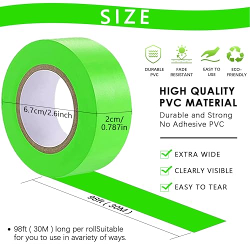5 Pack Green Flagging Tape, Non-Adhesive Plastic Ribbon Neon Marking Roll | 0.78"*500ft, Marking Tape for Tree Marking, Hunting, Boundaries and Hazardous Areas,Trail Marking - color: Green-5pcs