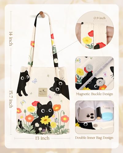 Miss Adola Corduroy Tote Bag for Women with Aesthetic Design | Magnetic Buckle & Pocket, Reusable, Soft, Roomy, Long Shoulder Handles, Double-sided Print, Casual Daily Work, Grocery Bags - color: Three Cats, size: Large