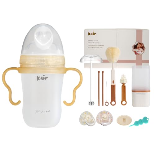 Kair Anti-Colic Baby Bottle Set Medium Flow 8oz for 6-9M L Nipple | 30° Twist Lock, Silicone Skin-Like Nipple for Newborn, with Cleaning Kit, 2 Pacifiers & Gravity Straw, New Parents Gift Box