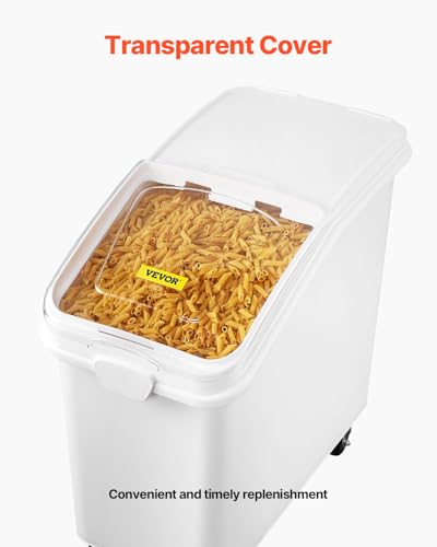 VEVOR 27 Gallon Food Storage Container, 500 Cup Commercial Ingredient Bin | Ideal for Kitchen Rice, Dog Food, Flour, and Sugar Storages, Food-Grade PP, with Wheels, Scoop and Transparent Lid, White - size: 27 Gallon