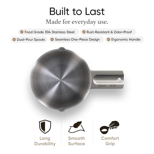 Color Up 2 Cup Measuring Cup, 480ml Stainless Steel Metal, Easy-Pour Spouts, Engraved Markings, Flat Base, Dishwasher Safe, for Dry and Liquid Ingredients - size: 2 Cup (480 ml) Chrome