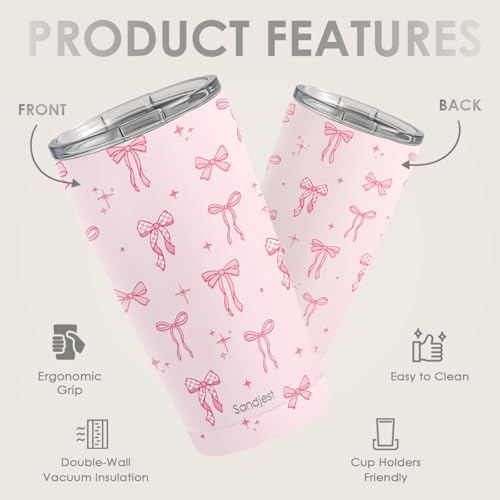 SANDJEST Bow Tumbler 20oz, Stainless Steel Travel Cup with Lid, Insulated Coffee Mug, Bow Gifts for Women Girls Friends Sisters on Birthday Christmas (Pink) - color: Bow 1