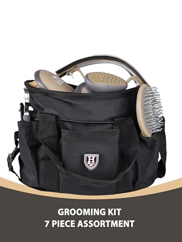 Harrison Howard Horse Grooming Brushes Kit 7 pieces with Organizer Tot Equine Care Series Horse Brush Sets Black - color: Black