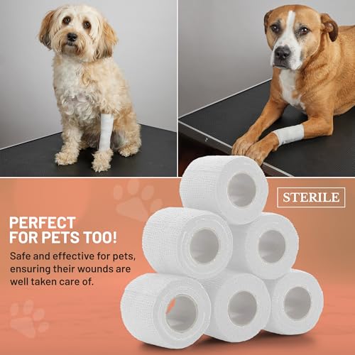 6 Pack, Self Adherent Cohesive Tape - 2” x 5 Yards, Self Adhesive Bandage Rolls & Sports Athletic Wrap for Ankle, Wrist, Knee Sprains and Swelling, Vet Wraps in White Color