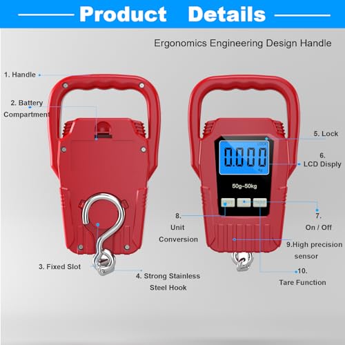 Digital Fish Scale Hanging Scale Fishing Scale,110lb/50kg Luggage Scale,Upgrade Large Handle & Backlit LCD Display, Electronic Balance Digital Fishing Postal Scale, Red, Fishing Gifts for Men - color: Red