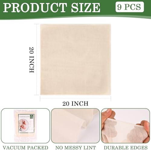 WMKGG 9 PCS Cheese Cloths, 20x20 Inch Cheesecloth Fine Mesh Cheesecloth | Grade 100,Hemmed 4 Edges,Cotton,Reusable ,Unbleached,for Straining, Cooking, Juicing, Cheese Making, Baking, Yogurt - size: 9pcs 20"x20"Cheese Cloth