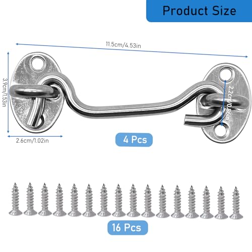 4 Pack 4" Hook and Eye Gate Latch, Stainless Steel Rust-Resistant Barn Door Lock Cabin Hooks for Gate Shutters Window Slide Barn Shed Cabinet Bathroom, with 16pcs Screw,Silver - color: Silver, size: 4 inch(4pcs)