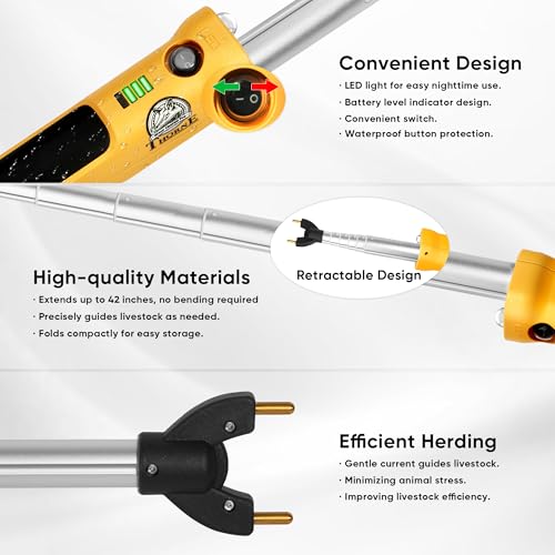 Retractable Cattle Prod, Livestock Prod with LED Light, Waterproof Animal Herding Tool for Cattle, Pigs and Goats, Heavy Duty Livestock Management(42in)