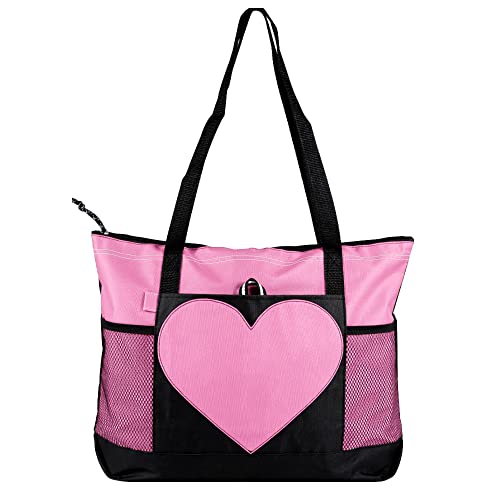 Tote Bag Large Size Shoulder Bag with Zipper, Lightweight Casual Travel Luggage Bag with Two Mesh Pockets for Women - color: Pink